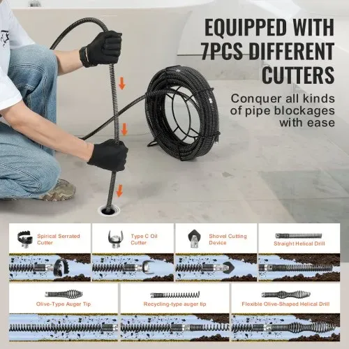 VEVOR Rohrreinigungsspirale 30 m x 16 mm, professionelles Rohrreinigungskabel mit 7 Schneidern für 20-100 mm Rohre, Hohlkern-Kanalisationsspirale für Spüle, Bodenablauf, Toilette – Bild 3