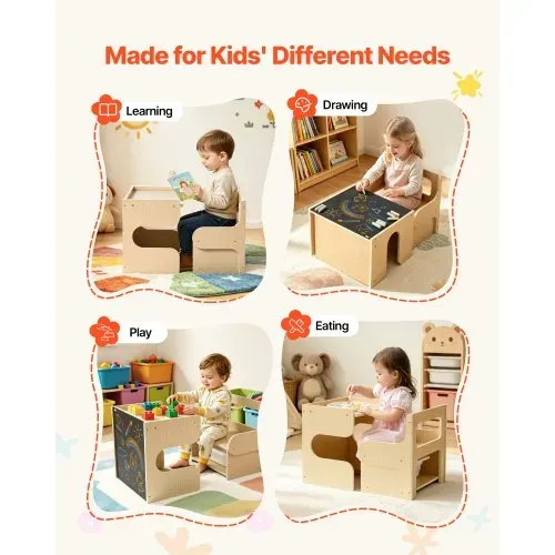 VEVOR Montessori-Tisch- & Stuhlset, Kindersitzgruppe, Kindermöbel aus Holz, Tritthocker mit Tafel & Stauraum, Ideal für Kleinkinder von 1-5 Jahren zum Essen, Zeichnen, Lesen & Spielen – Bild 6