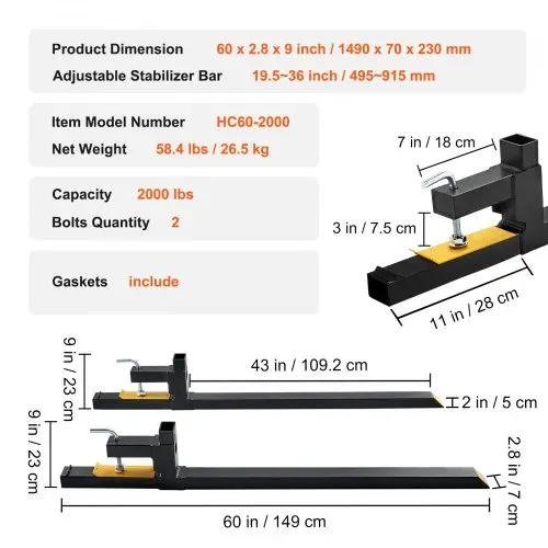 VEVOR Palettengabel 1490x70x230mm Gabelträger 907kg Tragfähigkeit Gabelzinken 149cm Gesamtlänge mit 109,2cm-Gabelblatt Gabelstapler Gabelstaplerzinken Frontlader Palettenrahmen – Bild 6