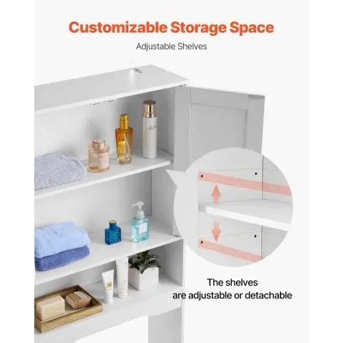 VEVOR Toilettenschrank Badezimmerschrank mit Doppeltür & verstellbarem Regal, platzsparender 3-stöckiger Badschrank über der Toilette mit offenem Regal, 600x210x1651 mm Aufbewahrungsschrank Weiß – Bild 2