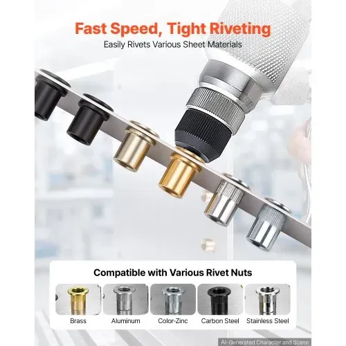 VEVOR Druckluft Nietmutternzange Set mit 3 SAE- & 5 Metrischen Kopfstück, Pneumatische Blindnietzange Set für Automobil Industrie Heimwerkerprojekt, 1215kg Zugkraft, M4 M5 M6 M8 M10 1/4 5/16 3/8 Zoll – Bild 3
