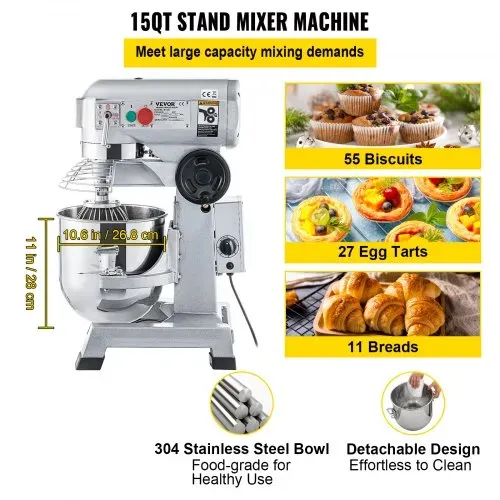 VEVOR Knetmaschine Küchenmaschine, 14 L Schüsselkapazität Knetmaschine, 3 Geschwindigkeit Rührbesen, Knethaken, Drahtseil, Edelstahlschüssel Teigmaschine 500 W, Silber Küchenmaschine Timerfunktion – Bild 2
