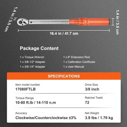 VEVOR Drehmomentschlüssel 3/8", 14–110Nm Drehmomentschlüssel Fahrrad & Motorrad Set, ± 3% Fehlergenauigkeit mit 2 Verlängerungsstangen 152,4mm, 3/8-1/2" & 3/8- 1/4" Adapter, 72 Zähne Einstellbar – Bild 6