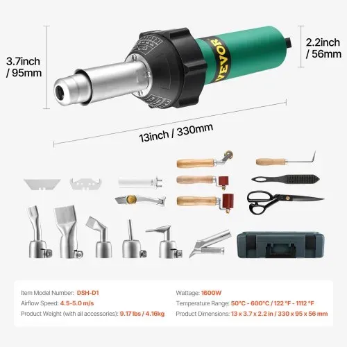 VEVOR Heißluft-Kunststoffschweißgerät, 1600 W Heißluftpistole, 50–600 °C PVC TPO Vinyl Schweißbrenner, Hot Air Welder Set mit 17 Zubehörteilen – Werkzeugkasten, Düse, Rolle, Klingen für PP/PE/PVC – Bild 6