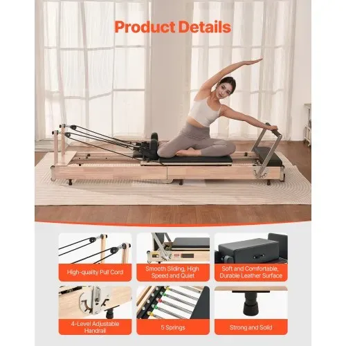 VEVOR faltbarer Pilates Reformer Trainingsgerät aus Gummibaumholz für Heim-Fitnessstudio, Pilates-Bett mit doppeltem Widerstand – Feder & Kordel, Ausrüstung mit Sitzbox, bis zu 181,44 kg – Bild 4