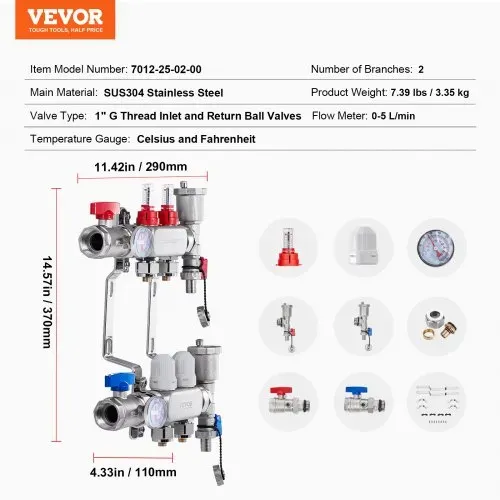VEVOR 2-Abzweig-Wärmeverteilungsverteiler, 1/2-Zoll-PEX-Rohrverteiler, Edelstahl-PEX-Verteiler für hydronische Fußbodenheizung, Wärmeverteilungs-PEX-Verteilersatz mit 1/2-Zoll-Adaptern im Lieferumfang enthalten – Bild 6