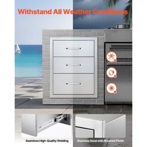 VEVOR Outdoor Küchenschubladen 46x59x59 cm (BxTxH), Dreifach-Grillschubladen aus Edelstahl mit Griffen, Grillschubladen für Außenküche oder Grillinsel-Terrassengrillstation Schubladenschrank – Bild 2