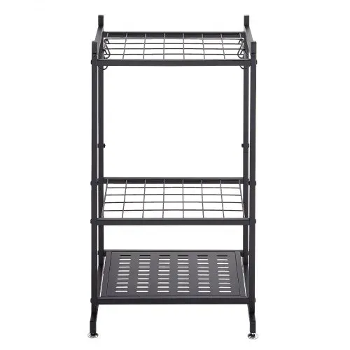 VEVOR Gartengeräte Ständer 440x405x760mm Gerätehalter aus Metall Schwarz, Aufbewahrungsregal für Garage Schuppen Garten, Organizer für Besen Mopp, mit Doppelschichtschlitzen 4 Haken & Nivellierfüßen – Bild 8