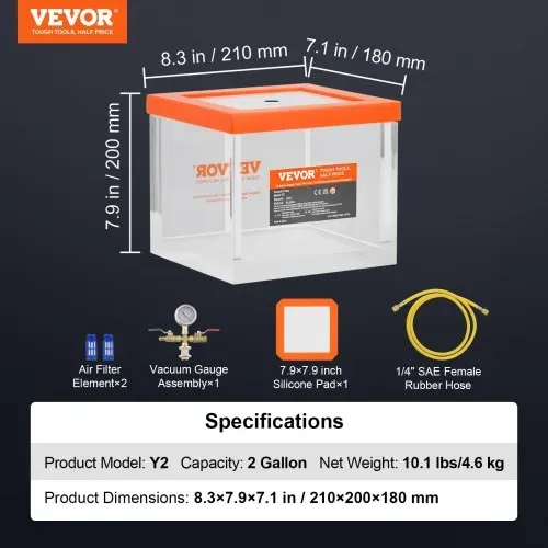 VEVOR 7,57 L Vakuumkammer, verbesserte Mehrzweck-Vakuum-Entgasungskammer aus Acryl, transparente Vakuumkammer, für Harzentgasung, Kieselgel-Entgasung, Gips-Entgasung und Vakuumextraktion – Bild 6