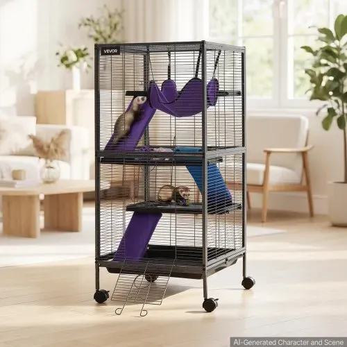 VEVOR Kleintierkäfig Metall Frettchenkäfig Kleintiergehege 52x52x113 cm, Frettchen Chinchillas Gleithörnchen Meerschweinchen & Kaninchen 4-Stöckig 13,97 mm Drahtabstand Feststellbare Schwenkrolle – Bild 7