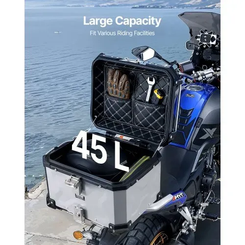 VEVOR Motorrad-Topcase Motorradkoffer 45 L Heckbox aus Aluminiumlegierung mit Lederfutter, abnehmbare Motorrad-Topbox mit Schloss & Rückenpolster, Helmkoffer (435 x 378 x 348 mm) Silber – Bild 2