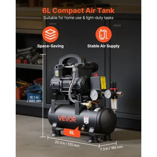 VEVOR 0,75 KW Druckluftkompressor, Ölfreier Kompressor mit 6 L Lufttank, Flüsterkompressor mit 71 L/min bei 6,2 bar & Max. 8 bar, Stabiler Luftkompressor Fußpolstern & Griff für Werkstatt Heimwerker – Bild 5