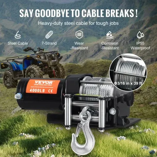 VEVOR Elektrische Seilwinde, 4000 lb Seilzugkapazität, 12 V DC ATV/UTV-Winde mit Φ3/16 Zoll x 39 Fuß 7-Strang-Stahlkabel-Rollenführung, kabellose und kabelgebundene Fernbedienung, IP55 wasserdicht zum Abschleppen von UTV ATV – Bild 3