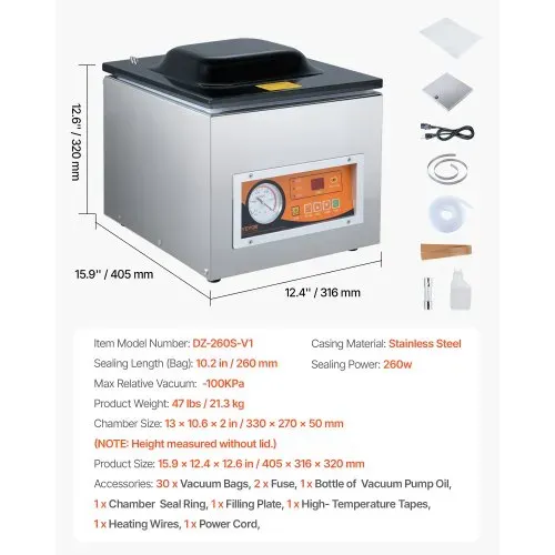 VEVOR Kammer-Vakuumierer 260 W Vakuumiergerät für feuchte Lebensmittel Fleisch Marinaden usw. kompakte Größe mit 26 cm Versiegelungslänge Anwendung in der privaten Küche und im gewerblichen Bereich – Bild 6