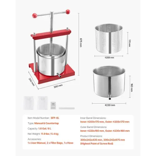 VEVOR Obstweinpresse Obstmühle Apfelmühle (6 L) mit 2 Edelstahlfässer, manueller Entsafter, Apfelweinpresse Apfelpresse Traubenpresse Olivenölpresse Saftpresse mit T-Griff für Küche Zuhause – Bild 6