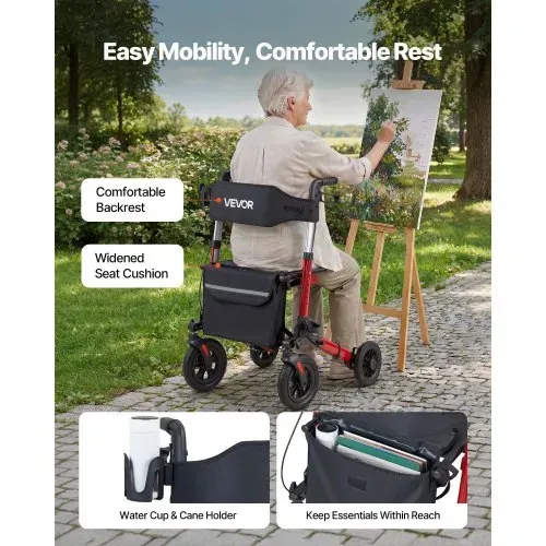 VEVOR Rollator 3-Fach Faltbar mit Sitz, Leichter Gehwagen mit 4 Reifen, Gehhilfe bis 136 kg mit Rückenlehne Tasche Gehstockhalter, Höheverstellbare Laufhilfe mit Feststellfunktion für Senioren, Rot – Bild 5