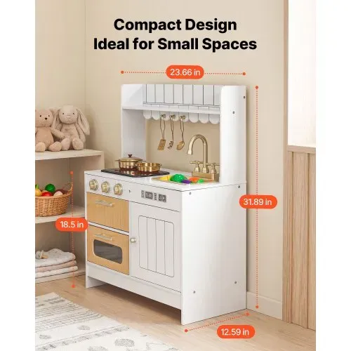 VEVOR Spielküche für Kinder, Realistische Kinderküche aus Holz mit Licht & Sound, Holzküche mit Herd Backofen Spüle Mikrowelle Schrank, Küchenspielzeug mit Kochset für Kinder von 3-8 Jahren, Beige – Bild 6