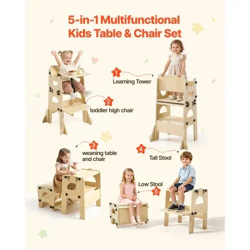 VEVOR Lernturm für Kinder im Alter von 1 bis 5 Jahren, Höhenverstellbarer Lernstuhl aus Holz, Montessori-Tisch- & Stuhlset, Learning Tower mit Tafel & Rückenlehne für Bad & Küchenarbeitsplatte – Bild 2