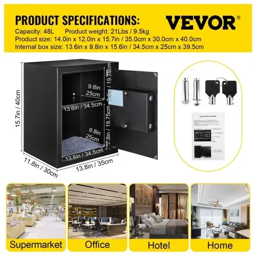VEVOR Tresor 0,0481 m³, Möbeltresor 10kg Belastbarkeit, Wandtresor Schwarz staubdicht mit Fingerabdruck Code Digital-Tastenfeld Schlüssel 4 Schlosssystemen Sicherheitstresor Wohnung Hotel Büro – Bild 6