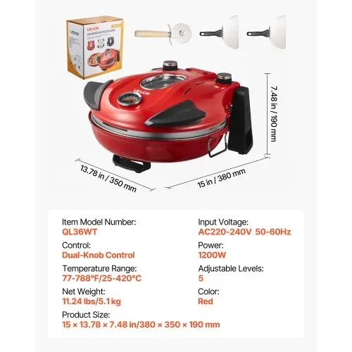 VEVOR Pizzaofen elektrischer Pizzamaker 1200 W Pizzakocher mit Cordieritstein, 5-stufige Temperaturregelung, Sichtfenster für präzises Kochen, erhitzt bis zu 420 °C, Backofen für Zuhause (rot) – Bild 6