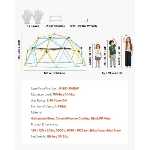 VEVOR Kletterkuppel 3,04 m geometrisches Klettergerüst mit Hängematte & Schaukel, für Kinder von 3 bis 10 Jahren, Klettergerüst 340 kg Tragfähigkeit, mit Klettergriff, Spielgerät für den Garten – Bild 6