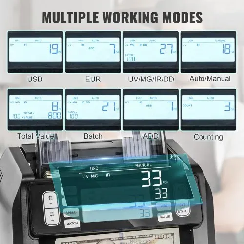 VEVOR Geldzählmaschine, Banknotenzähler mit UV-, MG-, IR- und DD-Falschgelderkennung, USD- und EUR-Geldzählmaschine mit Additions- und Batch-Modus, Großes LCD & Externes Display – Bild 2