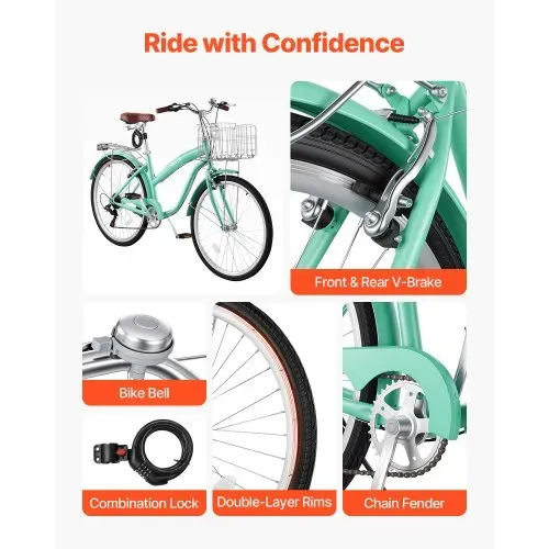 VEVOR Damenfahrrad 26 Zoll Cruiser-Fahrrad 150 kg 7-Gang Citybike Hellgrün, für Pendelfahrten Besorgungen und Strandfahrten, mit verstellbarem PU-Sattel, V-Bremsen, 50-kg-Gepäckträger und Werkzeugsatz – Bild 6