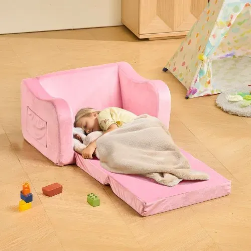 VEVOR Kindersofa Kindersessel aus 28D-Schwamm & kurzem Flor mit Armlehnen, Kleinkindersofa zum Lesen und Spielen, Kindercouch umwandelbares Schlafsofa für Spielzimmer Schlafzimmer Rosa M (Maß) – Bild 7