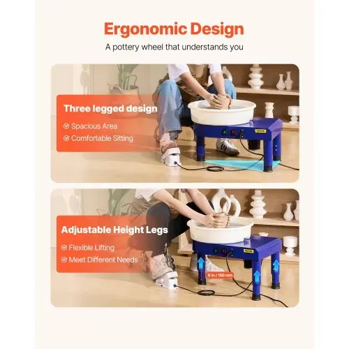 VEVOR Töpferscheibe Keramik-Radformmaschine mit Pedal & verstellbaren Hebefüßen & abnehmbarem Becken (35 cm) 60–300 U/min Drehzahl, komplettes Werkzeug Zubehör Set für Handwerk Heimwerken blau – Bild 2