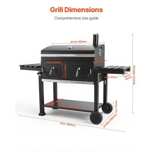VEVOR Holzkohlegrill 0,50 m² Kohlegrillwagen mit 2 Anhebbaren Holzkohleschalen und Klappbaren Seitentischen, Hitzebeständiger, Pulverbeschichteter Stahlgrill für Terrassen- und Gartenpartys – Bild 2