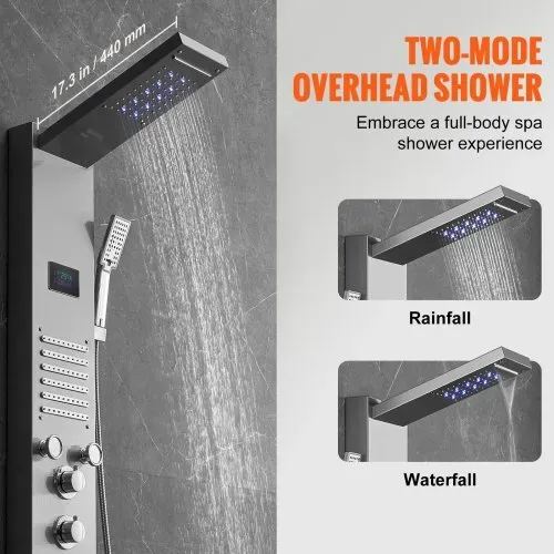VEVOR Duschpaneelsystem, 6 Duschmodi, LED- und Bildschirm-Wasserkraft-Duschpaneelturm, Regenfall, Wasserfall, 5 Massagedüsen, Wannenauslauf, Handbrause, wandmontiertes Duschset aus Edelstahl – Bild 2