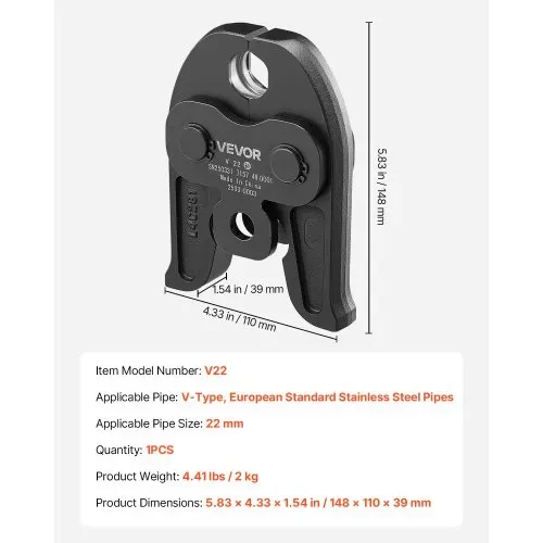 VEVOR V22 Pressbacke, 22 mm Presszange für V-Typ Edelstahlrohre, Crimpbacken aus Stahl, kompatibel mit Standard-Presswerkzeugen, ideal für Heizungs-, Lüftungs- und Klimasysteme, Gasleitungen – Bild 6