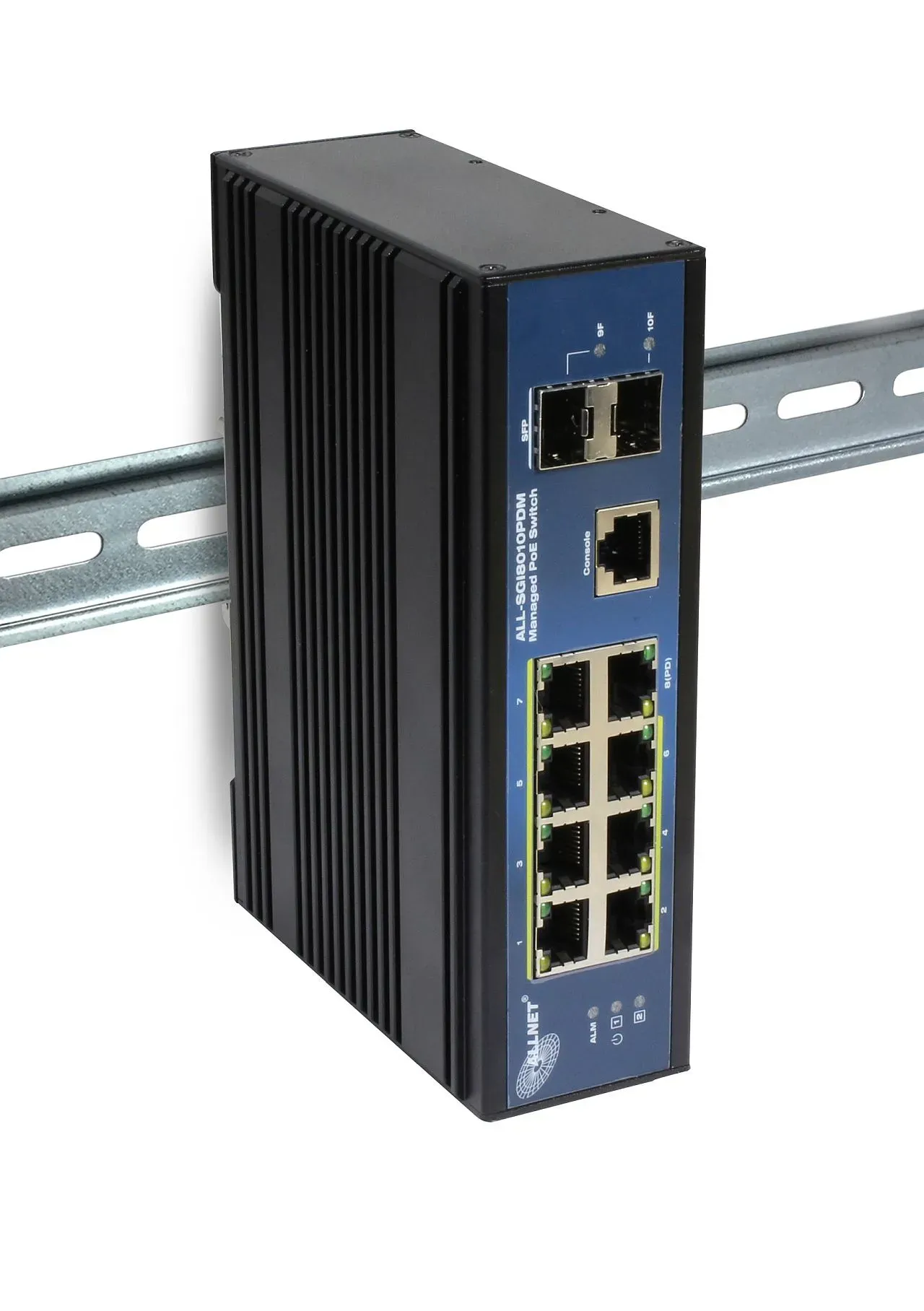 ALLNET Switch industrial full managed Layer2+ 10 Port GbE • PoE Budget 69W (BT) / 210 (DC) • 7x PoE at • 2x SFP • 1x GbE PD • Lüfterlos , IP40 • ALL-SGI8010PDM – Bild 3
