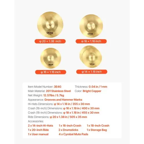 VEVOR Beckenset 4-teilig 355mm HiHat 400/455mm Crash 505mm Ridebecken Legierung (14 16 18 20 inch) – Bild 6