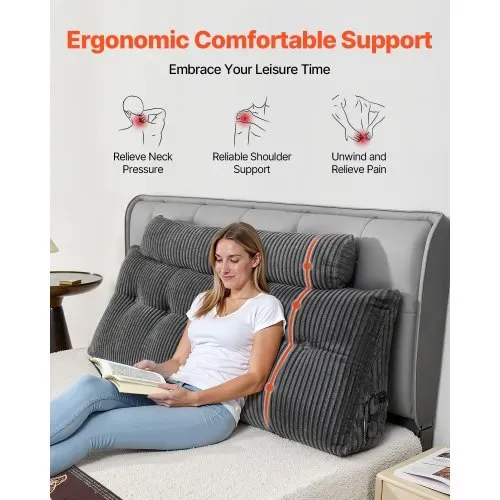 VEVOR Kopfteilkissen Keilkopfteilkissen Keilkissen (Queen Size) mit 2 Seitentaschen & 2 Kopfstützen, Bettkeilkissen mit waschbarem Flanelltuch, zum Lesen Spielen Arbeiten Grau (1510 x 205 x 530 mm) – Bild 3