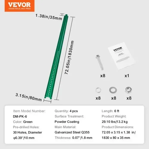 VEVOR 6 Fuß U-Kanal-Schilderpfosten, 4er-Pack grüne, robuste feste Zaunpfosten aus Stahl, U-Kanal-Schild aus Stahl für Garten, Hof, Bauernhof oder Verkehrskreuzung – Bild 6