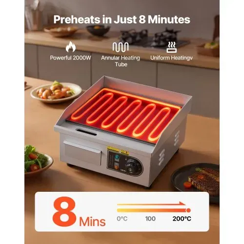 VEVOR Elektro-Grillplatte 2000 W 355 x 300 mm (Grillbereich), 50-300 °C Gastro-Griddleplatte aus Edelstahl (Gehäuse) Tischgrillplatte mit 2 Spateln & 2 Bürsten & 4 Fußpolstern, für Steaks Pfannkuchen – Bild 2