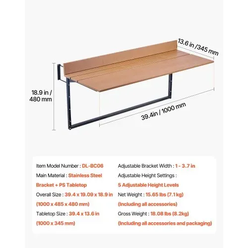 VEVOR Balkon-Hängetisch, 1000x345mm, klappbarer Balkonhängetisch, Klapptisch für Geländer im Freien, 5-stufig verstellbar, passend für Geländer von 1 bis 3,7 Zoll, Serviertisch für Terrasse und Deck – Bild 6