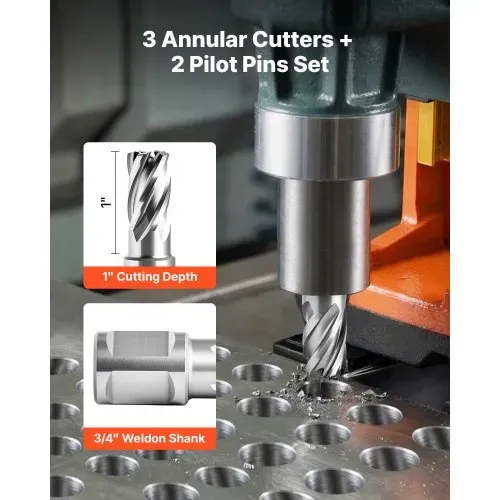 VEVOR HSS-Kernbohrer Weldon-Schaft 5-tlg. Magnetbohrer 15,9 mm Schnittdurchmesser, 3 Bohrer mit 2 Zentrierstiften, 25,4 mm Schnitttiefe, 3 Kunststoffboxen, für Magnetbohrmaschinen, Stahl, Aluminium – Bild 2