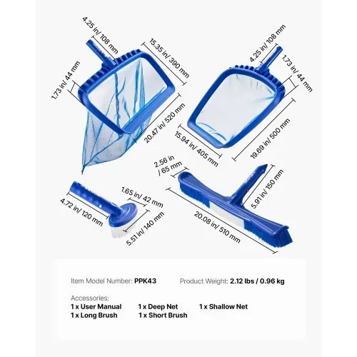 VEVOR Reinigungsset für Pools inkl. 2 abnehmbaren Bürstenköpfen (51/14 cm) & 2 Pool-Skimmernetzen, Reinigungswerkzeugset für eingebaute/oberirdische Pools für Blätter, feines Netz, keine Stangen – Bild 6