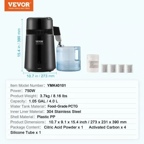 VEVOR Wasser Destilliergerät Distiller Edelstahl Wasserdestilliere 4L Schwarz – Bild 6