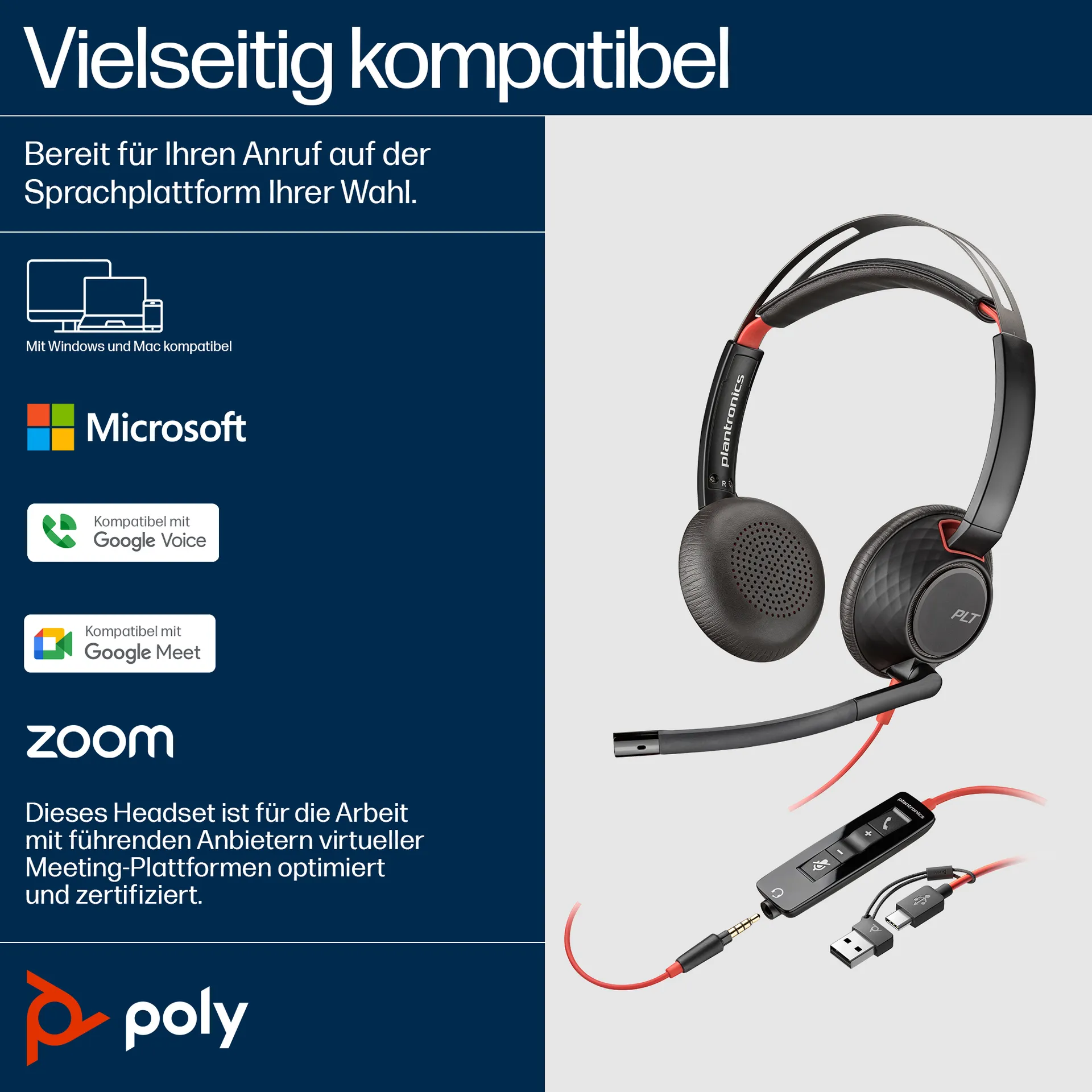 HP Poly Blackwire 5220 USB-C Stereo-Headset + 3.5-mm-Stecker + USB-C/A-Adapter – Bild 5