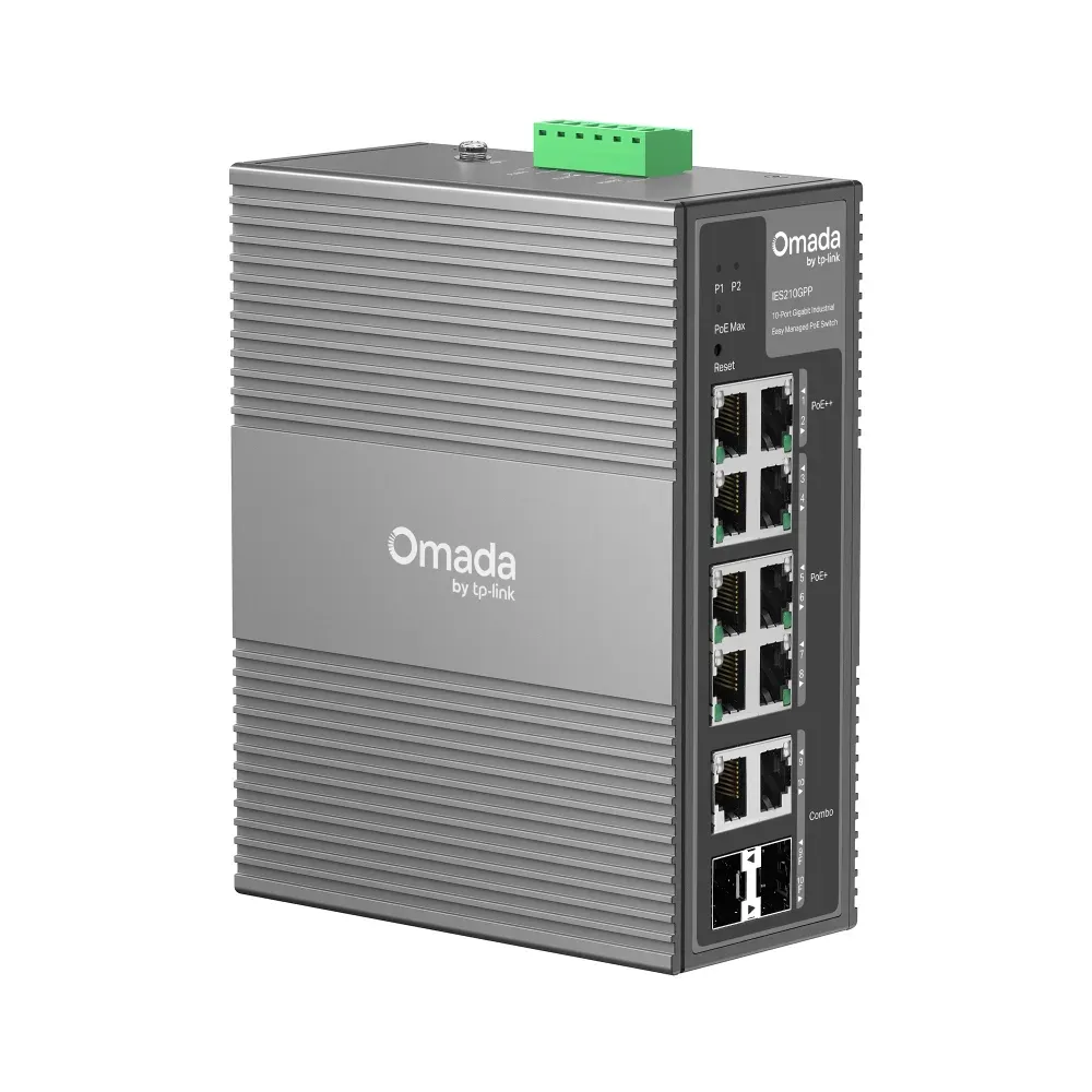 Omada Easy Managed Industrial Switch • 10 Port • 6x PoE++, 2x PoE++ (802.3bt), 2x GbE • Omada • IES210GPP Omada Easy Managed Industrial Switch • 10 Port • 6x PoE++, 2x PoE++ (802.3bt), 2x GbE • Omada • IES210GPP