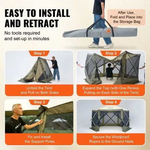 VEVOR Pop-Up-Pavillonzelt, Pop-Up-Zelt mit 6-seitigem Baldachin, Sonnenschutz mit 6 abnehmbaren Sichtschutz-Windtüchern und Netzfenstern, 12 x 12 Fuß, Schnellaufbau-Zelt mit Moskitonetz, Armeegrün – Bild 4