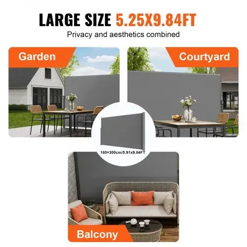 VEVOR Seitenmarkise 160 x 300 cm Seitenwandmarkise aus 180 g/m² Polyestergewebe mit PU-Beschichtung Markise einziehbarer Griff mit Federmechanismus Sichtschutz Blickschutz für Balkone Innenhöfe Grau – Bild 5