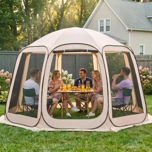 VEVOR Pop-Up-Zelt, 365,76x335,28 cm, tragbares Campingzelt für 10–12 Personen, mit Netz, Tragetasche, Seitenwänden und Heringen, für Garten, Terrasse und Outdoor-Aktivitäten, Beige – Bild 7