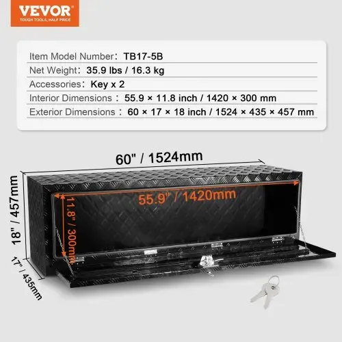 VEVOR Truckbox Werkzeugbox, Unterboden-Anhängerbox, Werkzeugkasten 1524 x 432 x 457 mm Pickup-Aufbewahrungsbox, Aluminiumlegierung, 50 kg belastbarer Werkzeugkasten, abschließbare Aufbewahrungsbox – Bild 6