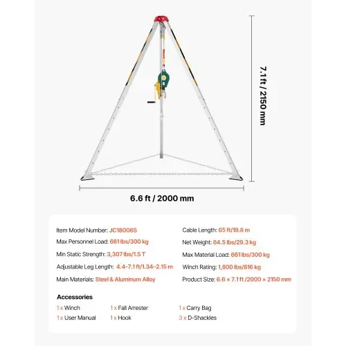 VEVOR Dreibein-Set für beengte Räumen, Rettungsdreibein mit Hebevorrichtung, 816 kg Winde, Rettungssystem 19,8 m Kabel, Rettungsstativ mit Absturzsicherung, 1,34–2,15 m Arbeitshöhe – Bild 6