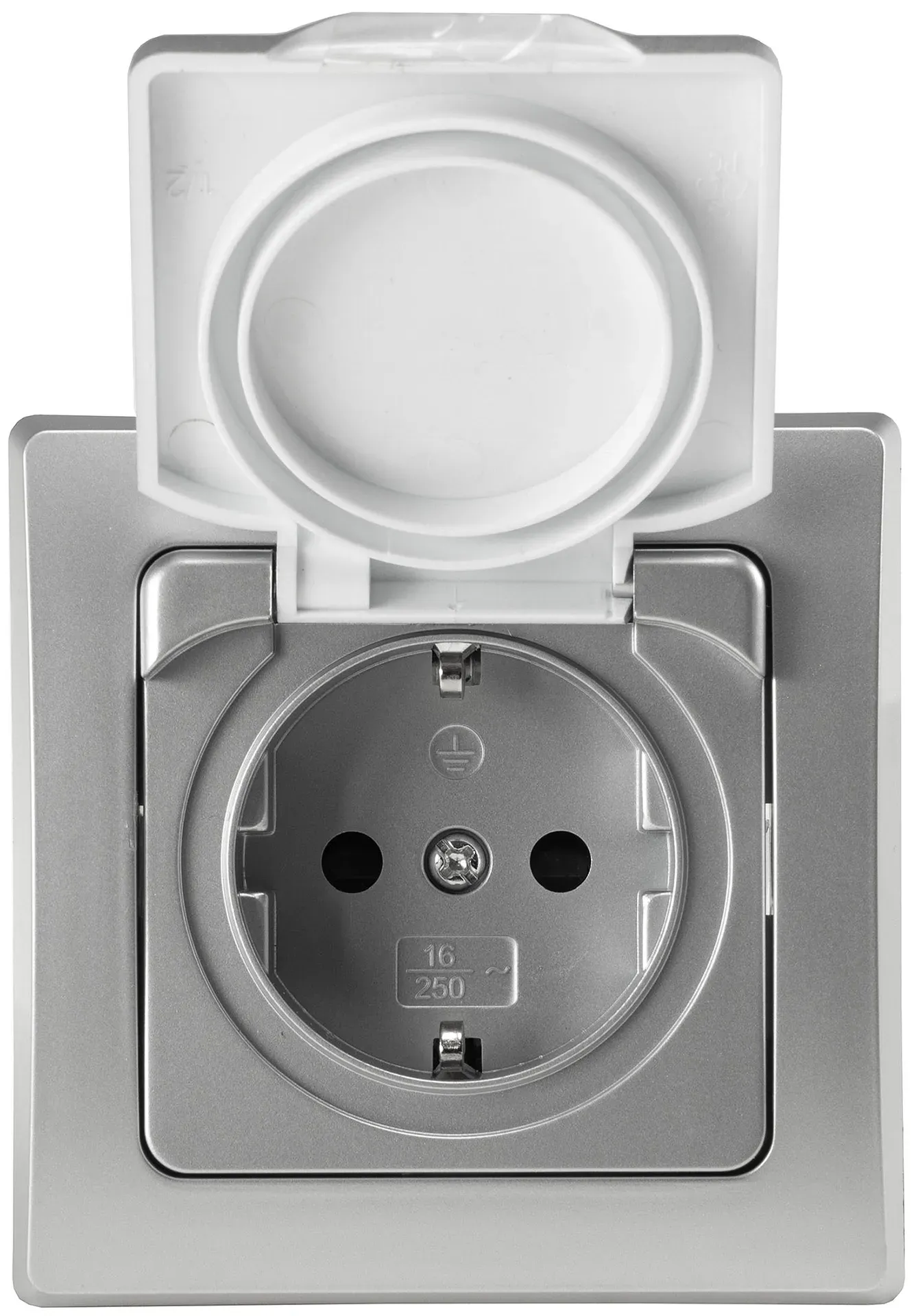 DELPHI Schutzkontakt-Steckdose IP44 250V~/ 16A, inkl. Rahmen, UP, silber DELPHI Schutzkontakt-Steckdose IP44 250V~/ 16A, inkl. Rahmen, UP, silber