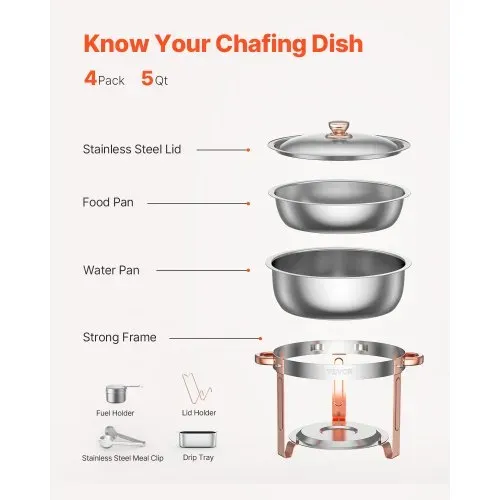 VEVOR Chafing Dish Buffet Speisenwärmer mit 4 Behältern in voller Größe (4,7 L pro), runder Catering-Wärmespender mit Deckel & Wasserpfanne & klappbarer Ständer, für Hochzeiten Partys Roségold – Bild 5